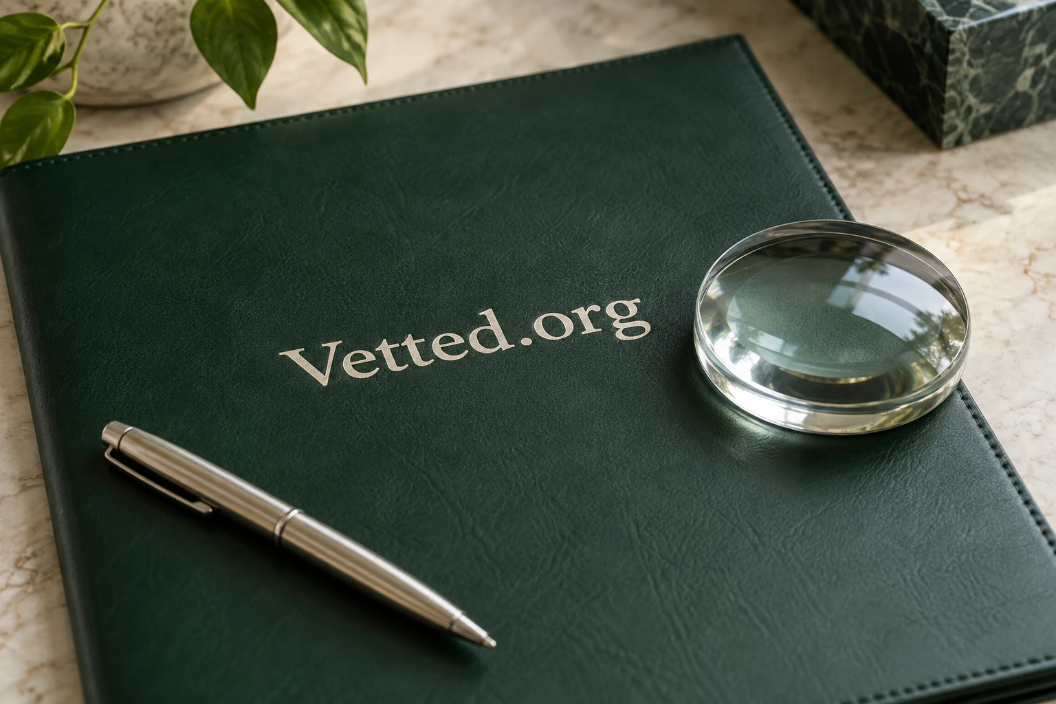 Vetted.org on a forest-green folder beneath an optical glass lens